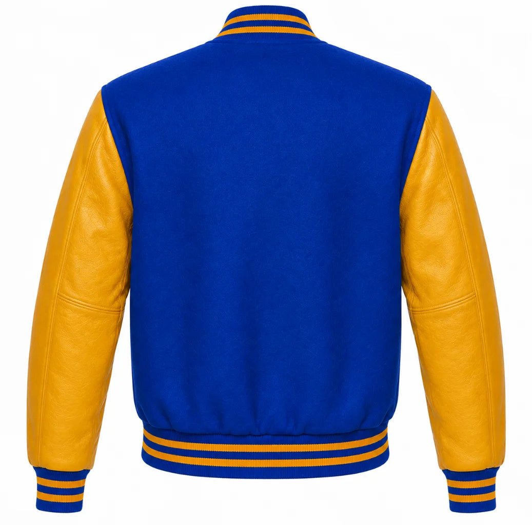 Cobalt blue wool letterman jacket with gold cowhide sleeves, back view