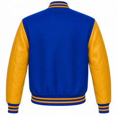 Cobalt blue wool letterman jacket with gold cowhide sleeves, back view