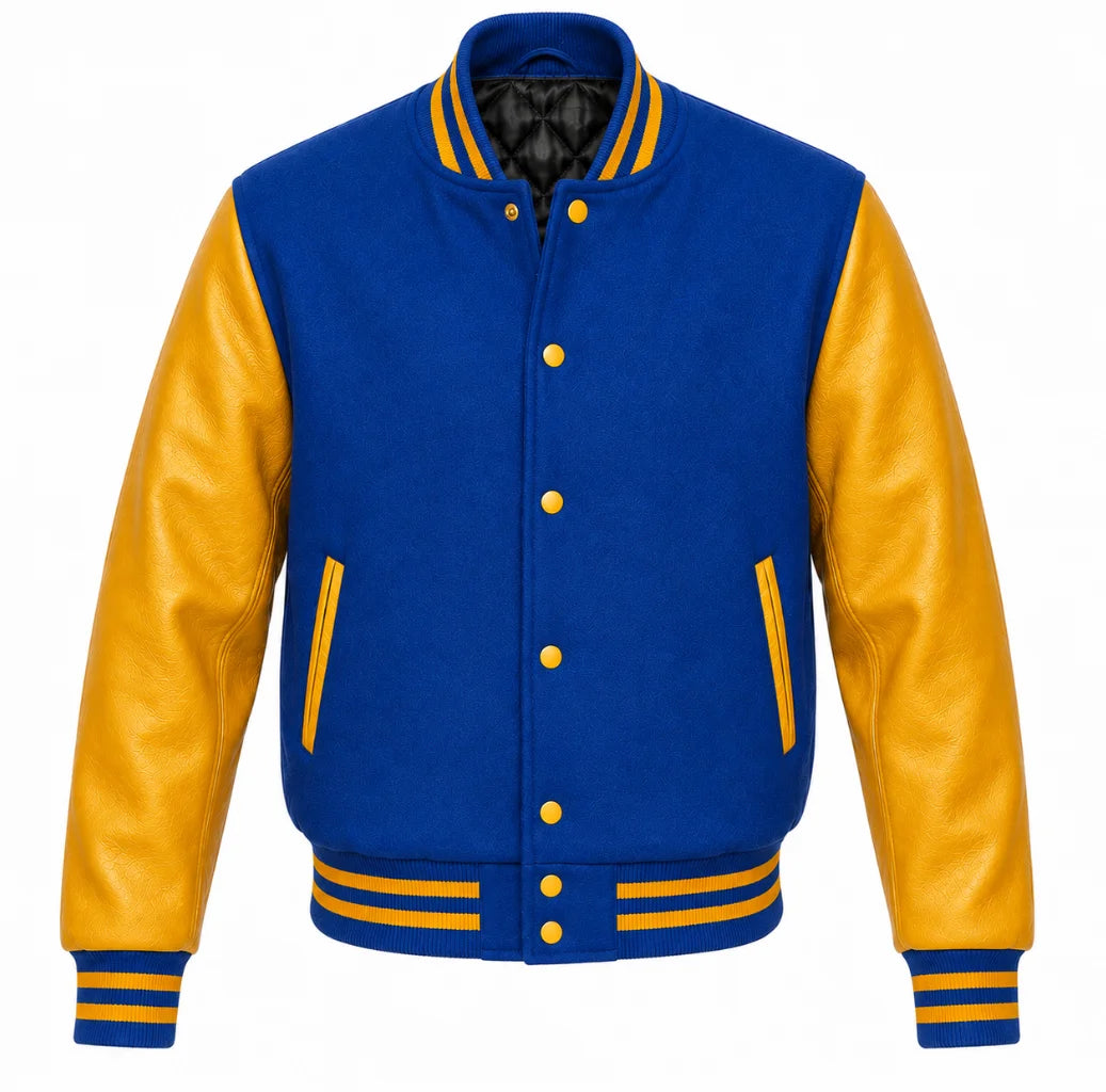 Cobalt blue melton wool letterman jacket with gold leather sleeves, front view