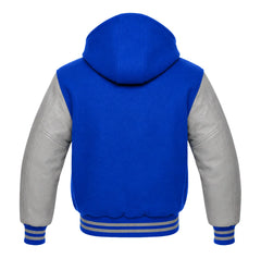 Cobalt Blue and Grey Hooded Varsity Jacket