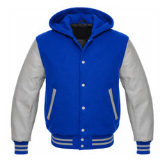 Cobalt Blue and Grey Hooded Varsity Jacket