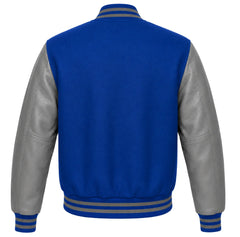 Cobalt blue wool varsity jacket, grey leather sleeves, back view