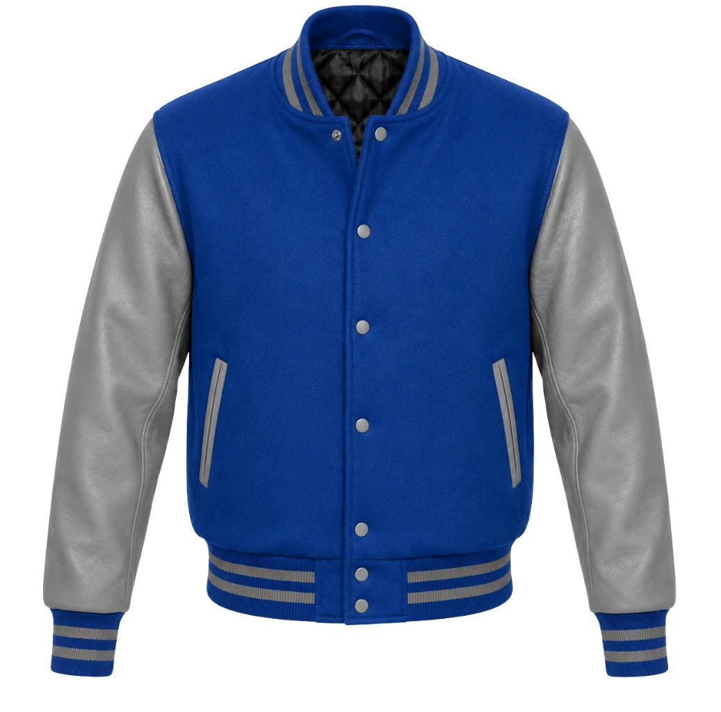 Cobalt blue melton wool varsity jacket with grey cowhide leather sleeves, front view