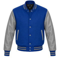 Cobalt blue melton wool varsity jacket with grey cowhide leather sleeves, front view