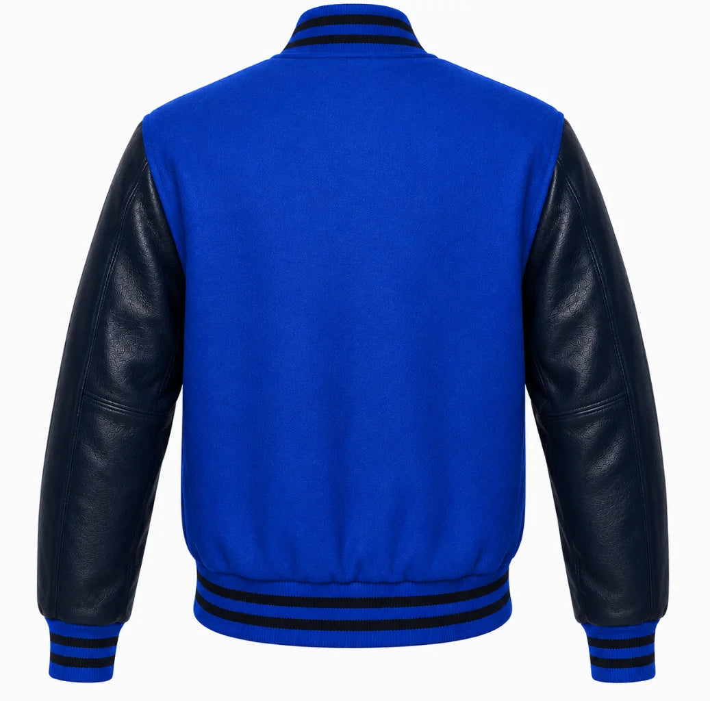 Cobalt blue wool letterman jacket with navy blue cowhide sleeves, back view