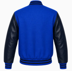 Cobalt blue wool letterman jacket with navy blue cowhide sleeves, back view