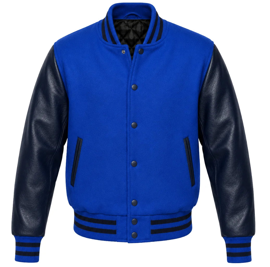 Cobalt blue melton wool letterman jacket with navy blue leather sleeves, front view