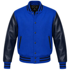 Cobalt blue melton wool letterman jacket with navy blue leather sleeves, front view