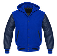 Cobalt Blue and Navy Blue Varsity Jacket with Hood