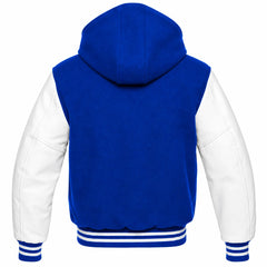 Cobalt Blue and White Hooded Varsity Jacket