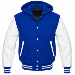 Cobalt Blue and White Hooded Varsity Jacket
