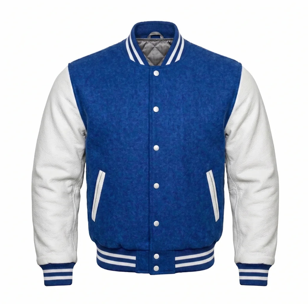 Cobalt Blue and White Varsity Jacket with Wool Body and Leather Sleeves