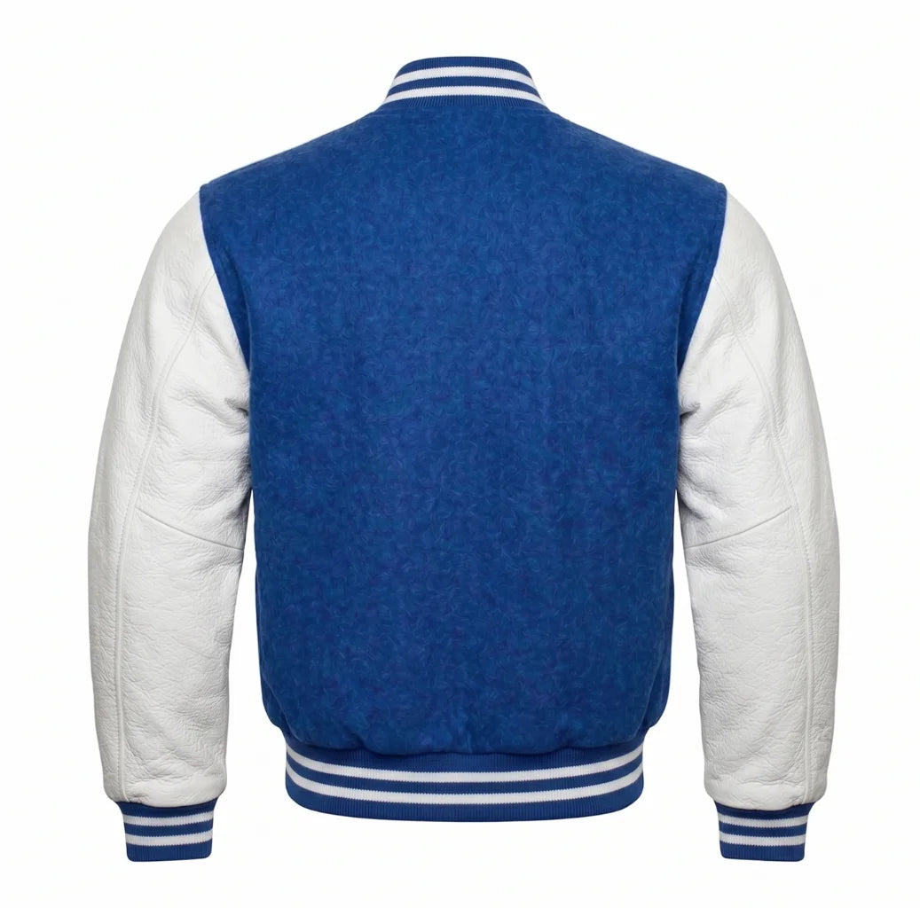 Cobalt Blue and White Varsity Jacket with Wool Body and Leather Sleeves Back Side