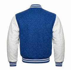 Cobalt Blue and White Varsity Jacket with Wool Body and Leather Sleeves Back Side
