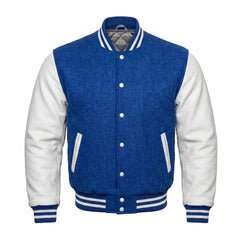 Cobalt Blue and White Varsity Jacket with Wool Body and Leather Sleeves