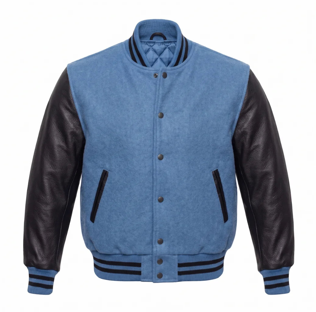Columbia Blue and Black Varsity Jacket with Wool Body and Leather Sleeves