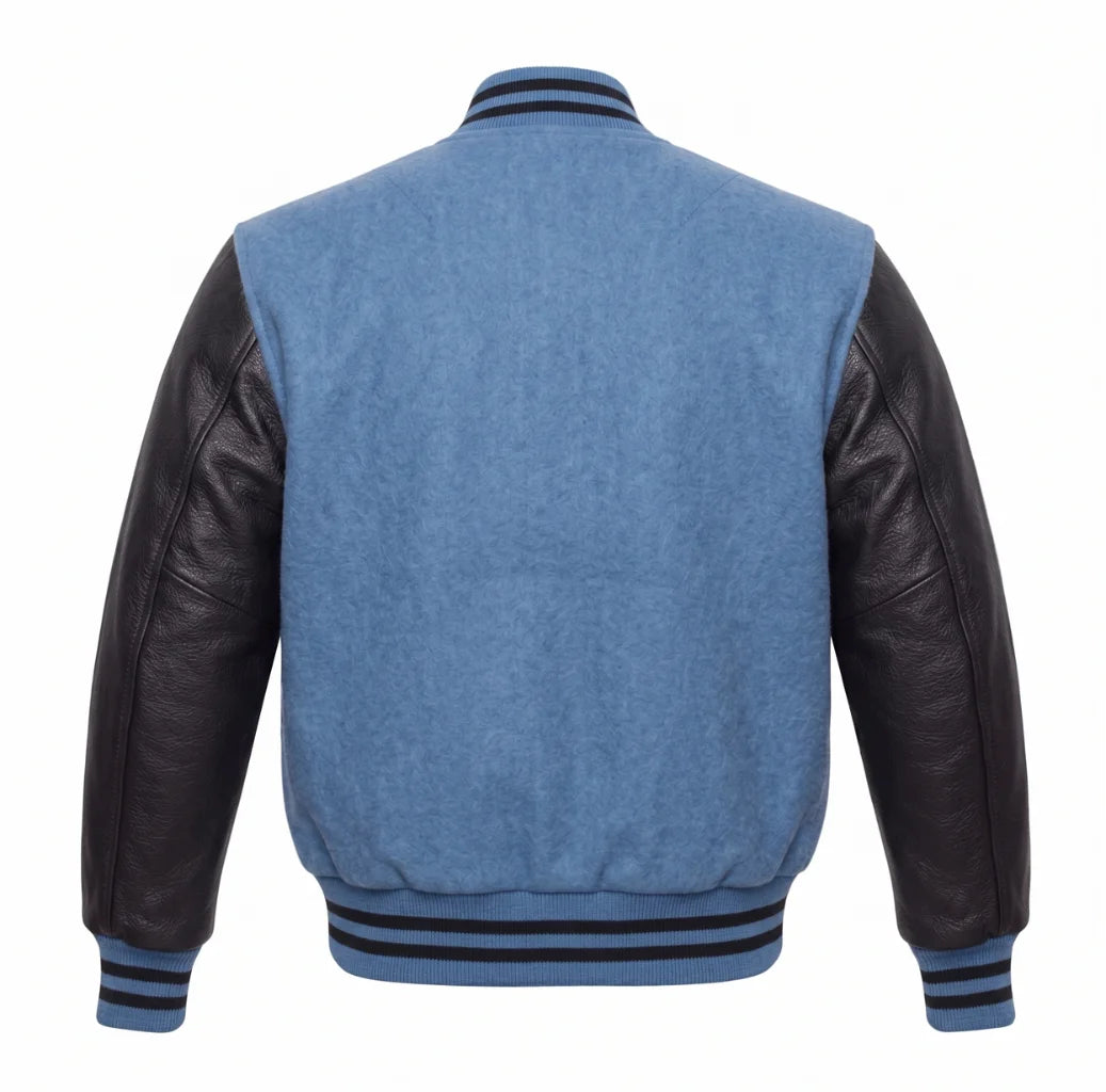 Columbia Blue and Black Varsity Jacket with Wool Body and Leather Sleeves Back View