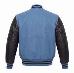 Columbia Blue and Black Varsity Jacket with Wool Body and Leather Sleeves Back View