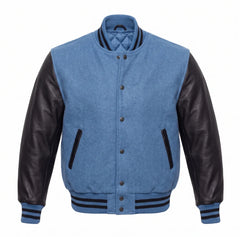 Columbia Blue and Black Varsity Jacket with Wool Body and Leather Sleeves