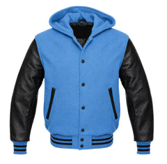 Columbia Blue and Black Varsity Jacket with Hood