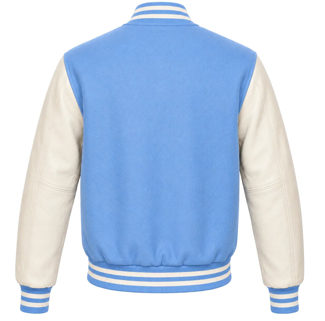 Columbia blue wool letterman jacket, cream cowhide sleeves, back view
