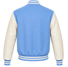 Columbia blue wool letterman jacket, cream cowhide sleeves, back view