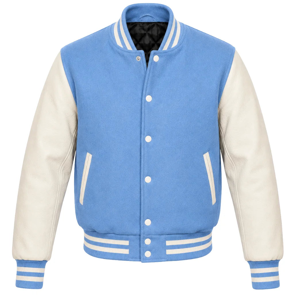 Columbia blue melton wool letterman jacket with cream leather sleeves, front view