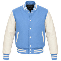 Columbia blue melton wool letterman jacket with cream leather sleeves, front view