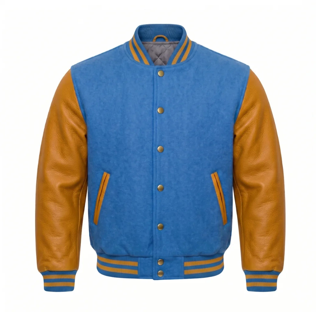 Columbia Blue and Gold Varsity Jacket with Wool Body and Leather Sleeves