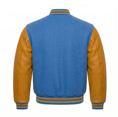 Columbia Blue and Gold Varsity Jacket with Wool Body and Leather Sleeves Back View