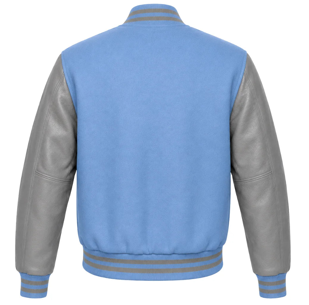 Columbia blue wool letterman jacket with grey leather sleeves, back view