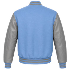Columbia blue wool letterman jacket with grey leather sleeves, back view