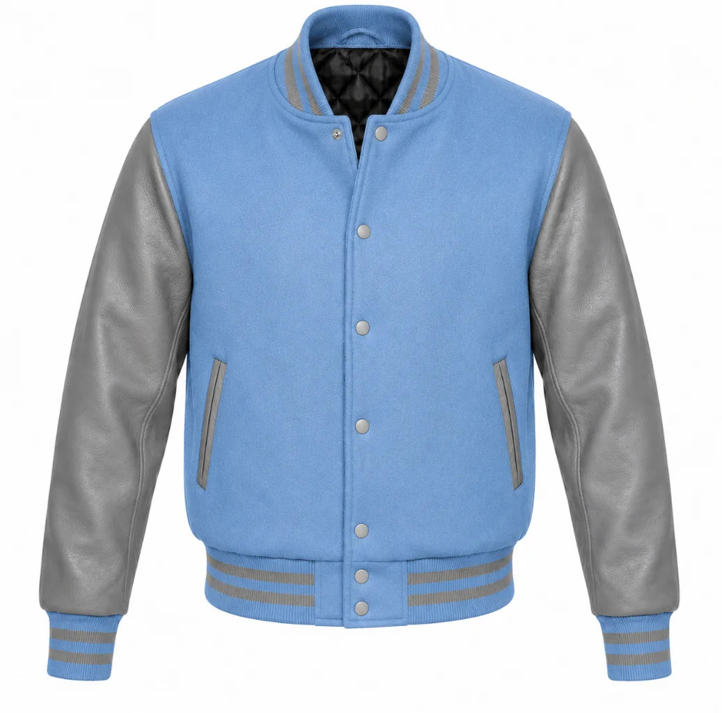 Columbia blue melton wool letterman jacket with grey cowhide sleeves, front view
