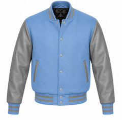 Columbia blue melton wool letterman jacket with grey cowhide sleeves, front view