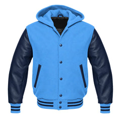 Columbia Blue and Navy Blue Hooded Varsity Jacket