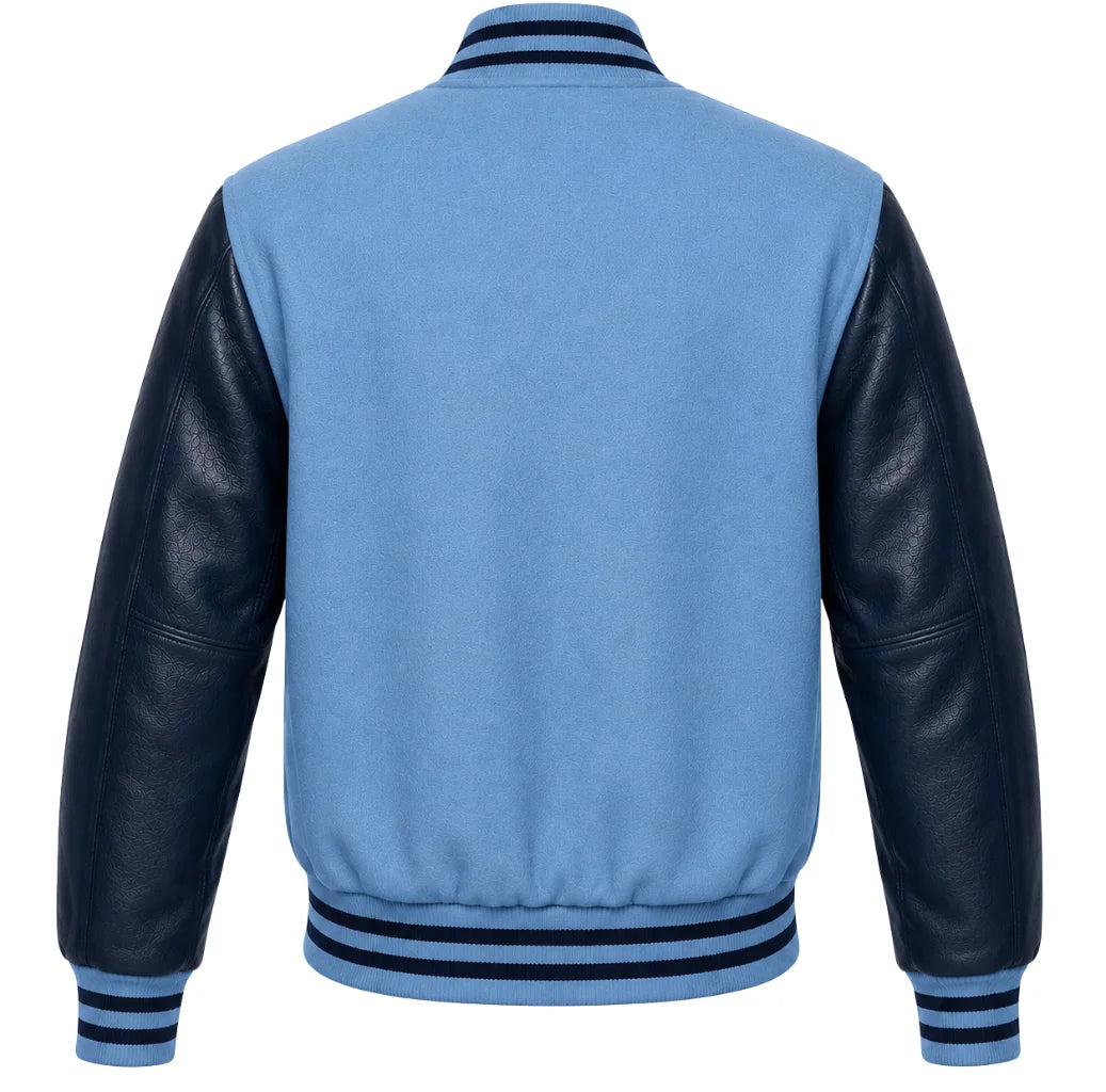 Columbia blue wool varsity jacket, navy blue cowhide sleeves, back view