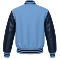 Columbia blue wool varsity jacket, navy blue cowhide sleeves, back view