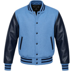 Columbia blue melton wool varsity jacket with navy blue leather sleeves, front view