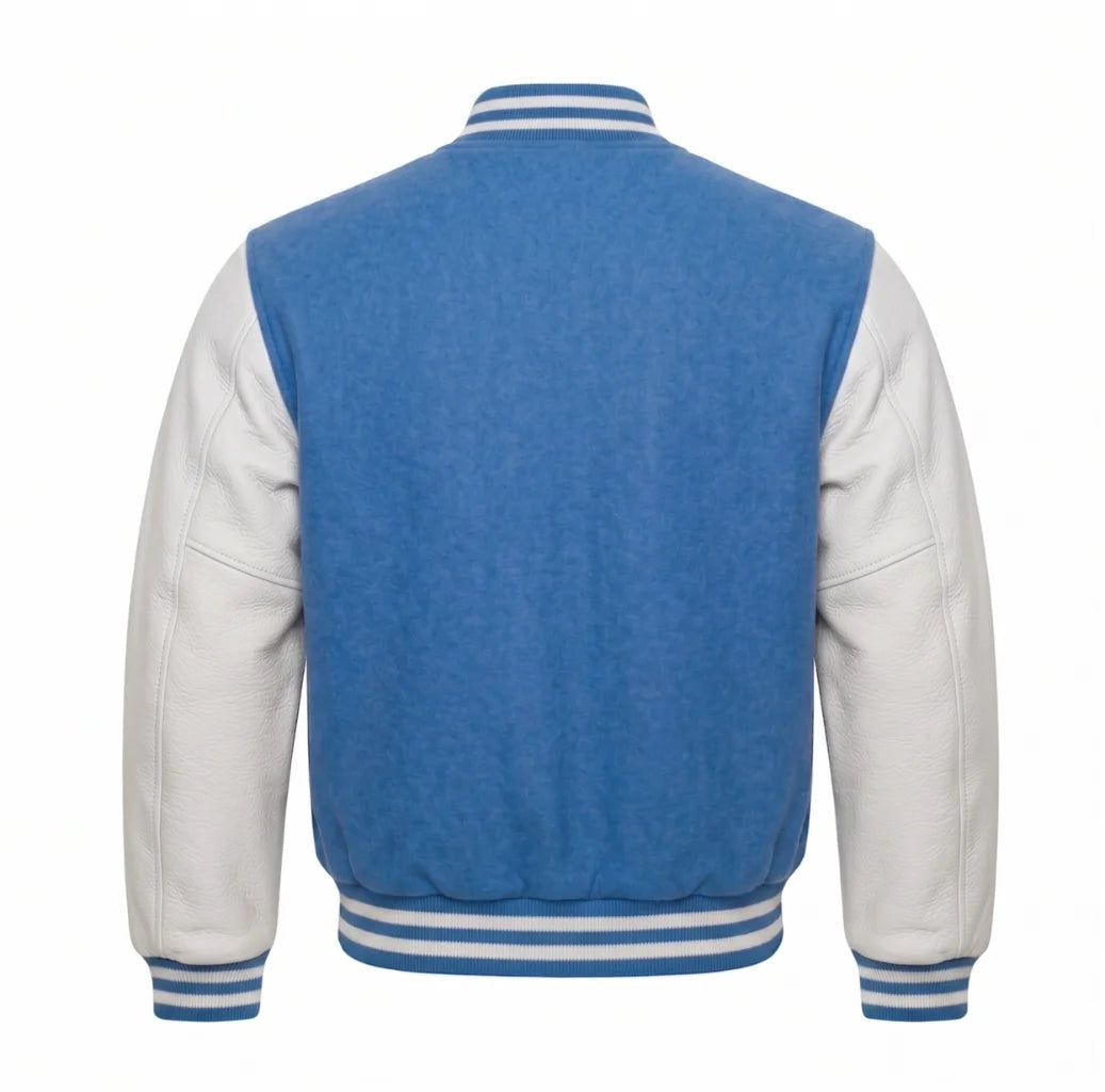 Columbia Blue and White Varsity Jacket with Wool Body and Leather Sleeves Back View