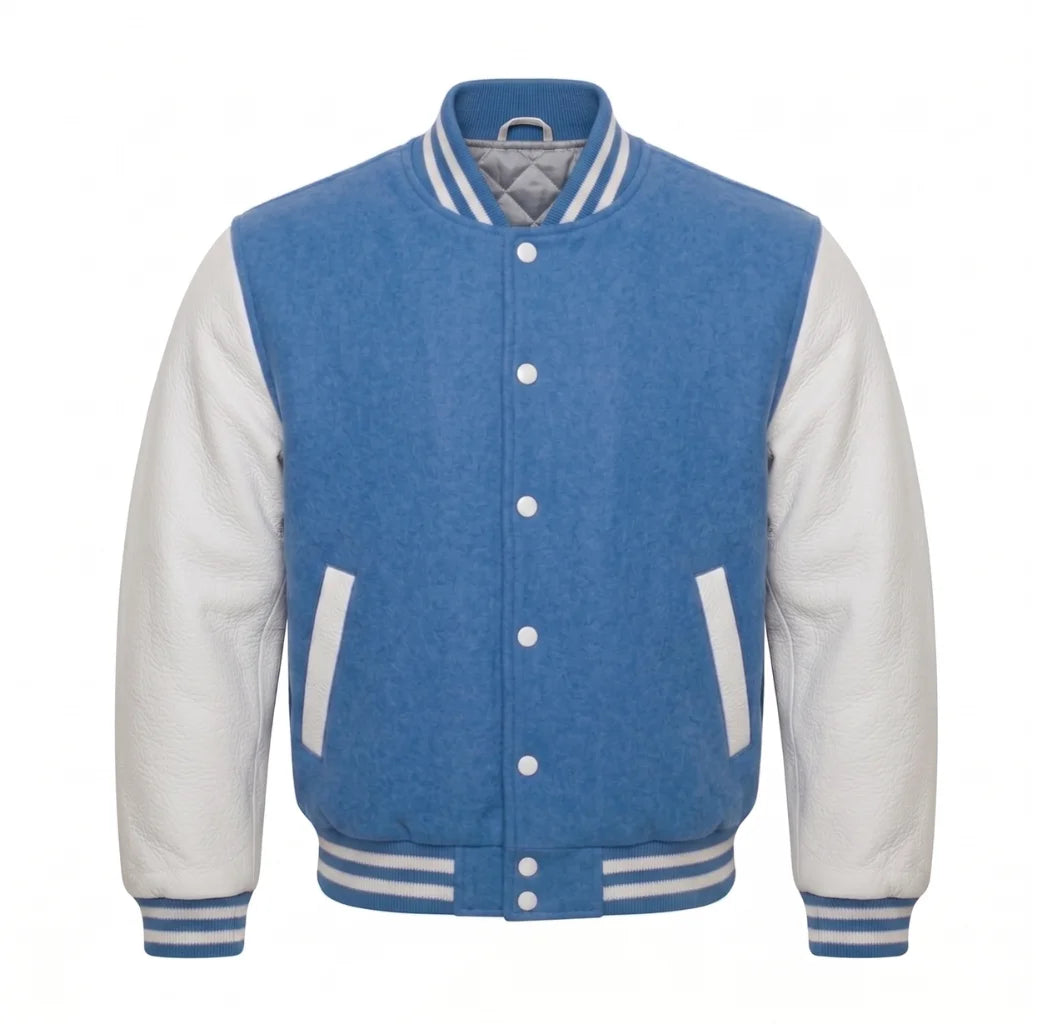 Columbia Blue and White Varsity Jacket with Wool Body and Leather Sleeves
