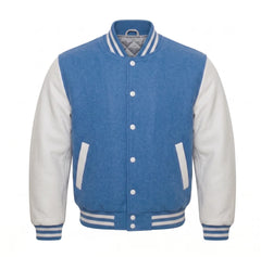 Columbia Blue and White Varsity Jacket with Wool Body and Leather Sleeves