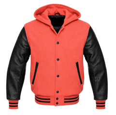 Coral and Black Letterman Jacket with Hood