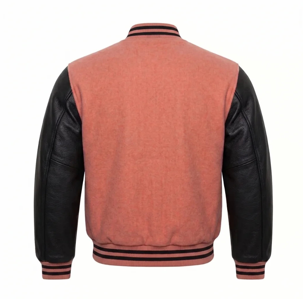 Coral and Black Varsity Jacket with Wool Body and Leather Sleeves Back View