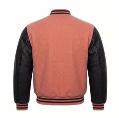 Coral and Black Varsity Jacket with Wool Body and Leather Sleeves Back View