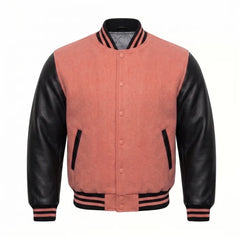 Coral and Black Varsity Jacket with Wool Body and Leather Sleeves