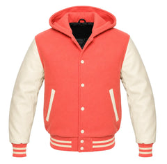 Coral and Cream Hooded Varsity Jacket