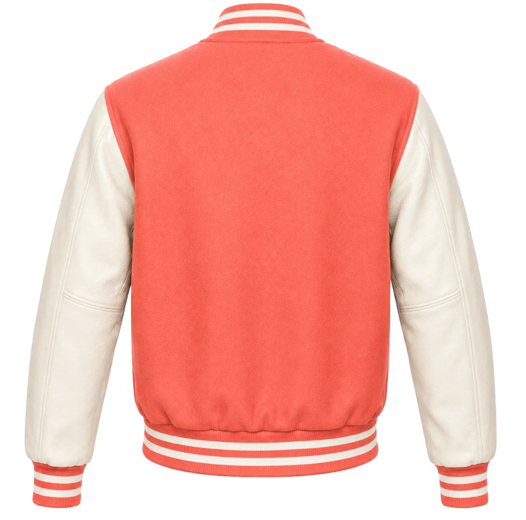 Coral wool varsity jacket with cream leather sleeves, back view