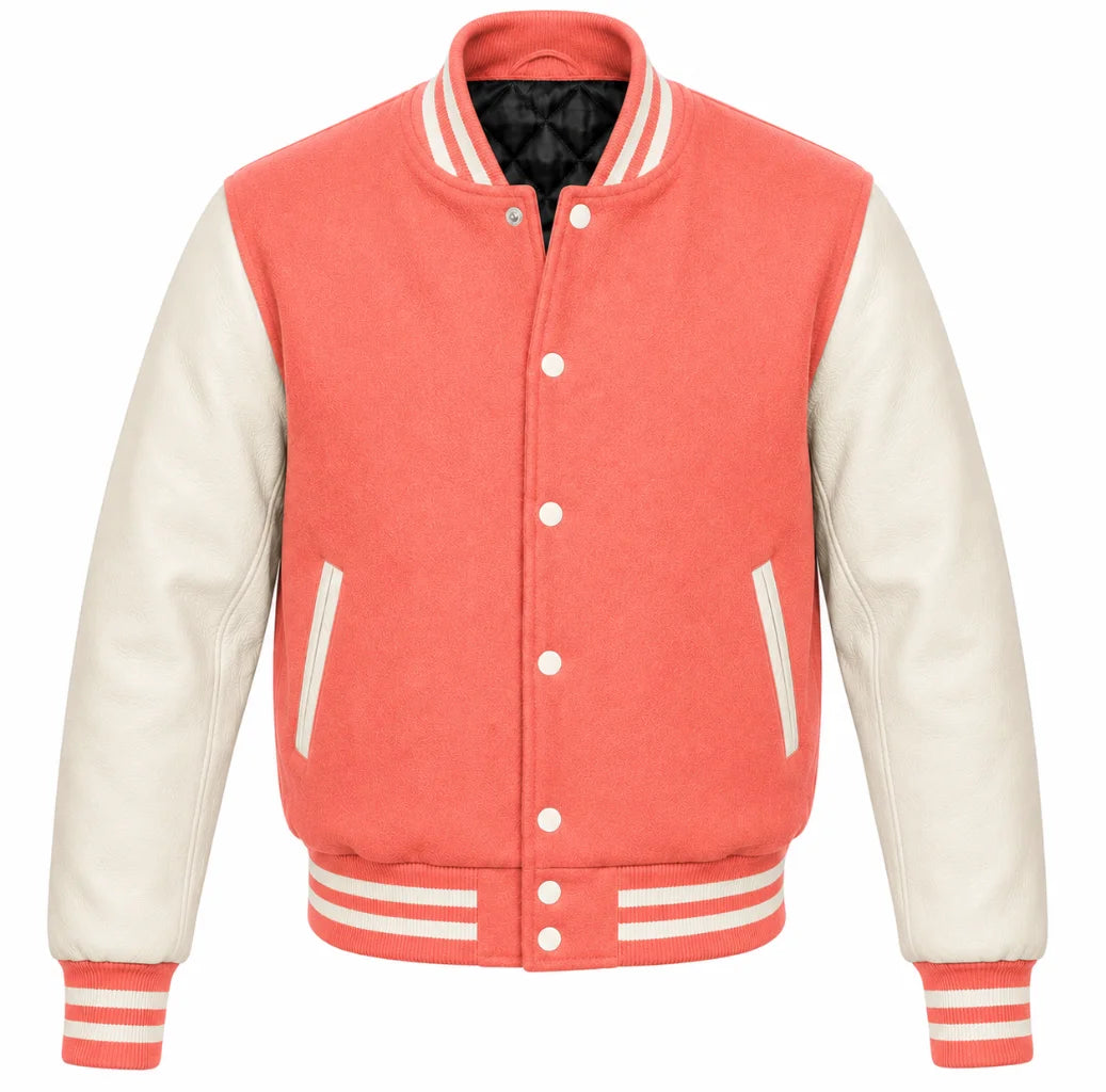 Coral melton wool varsity jacket with cream cowhide leather sleeves, front view