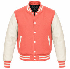 Coral melton wool varsity jacket with cream cowhide leather sleeves, front view
