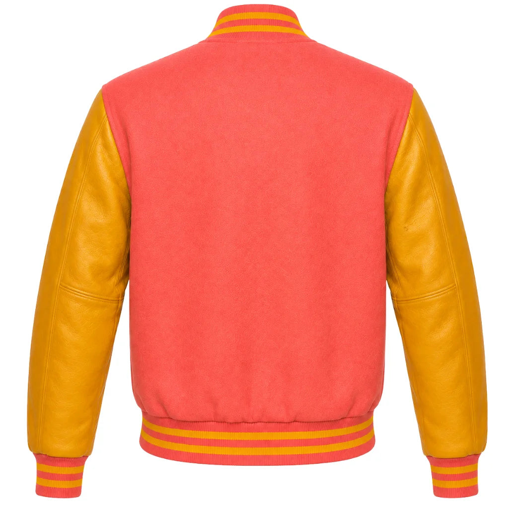 Coral wool varsity jacket, gold cowhide sleeves, back view
